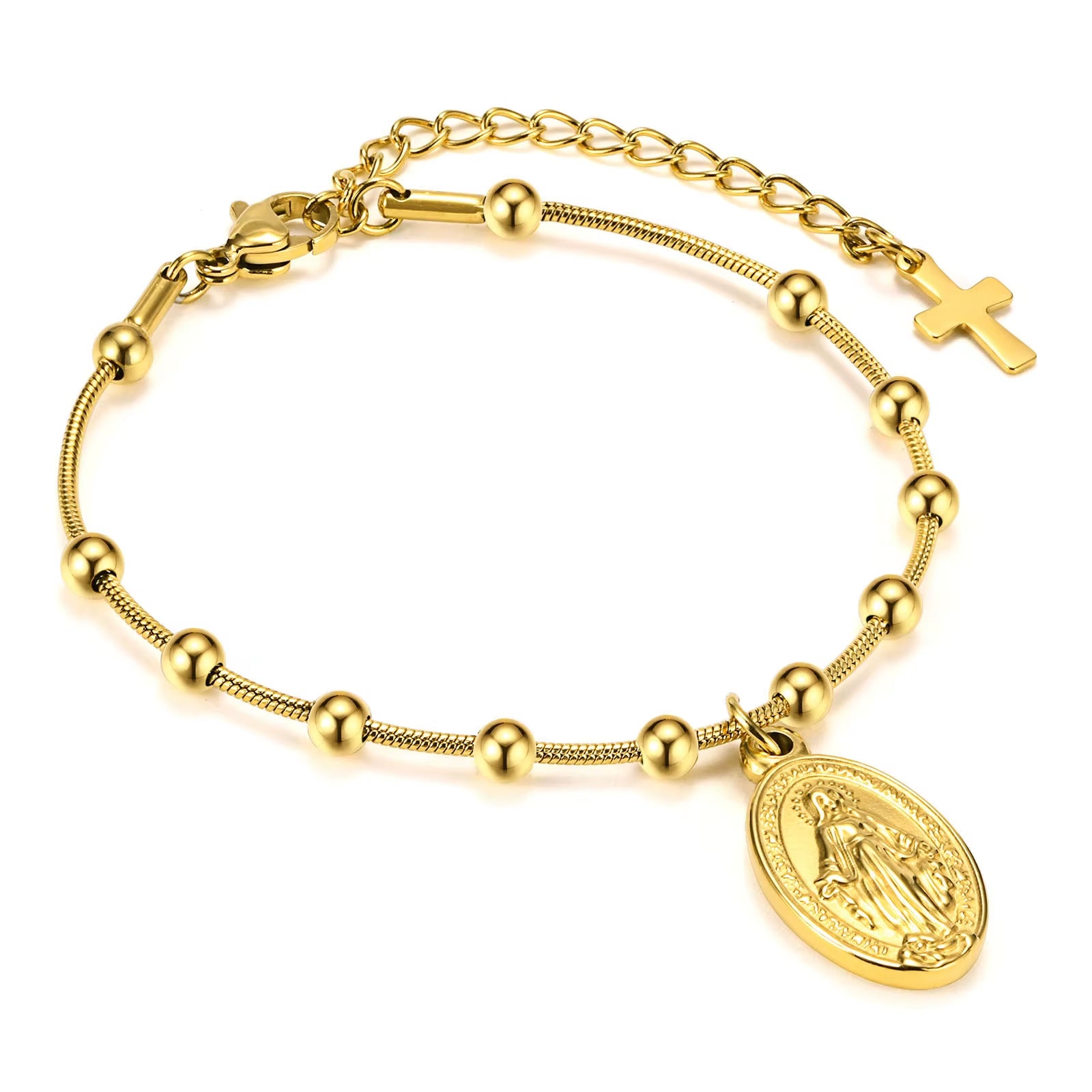 Stainless Steel 18k Gold Plated Rosary Bracelet Religious Cross and Virgin Mary Prayer Bracelet