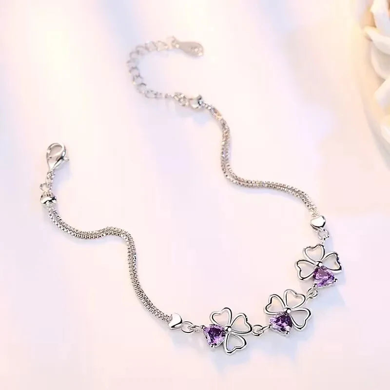 NEW Fine 925 Sterling Silver Purple Zircon Crystal Lucky 4 Leaf Clover Bracelet