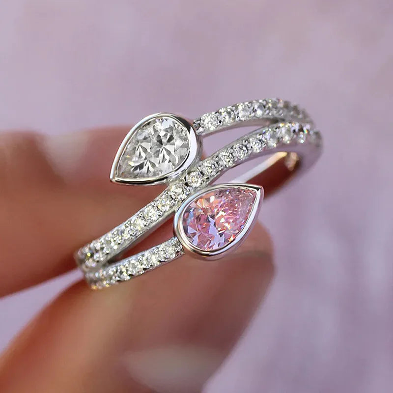925 Sterling Silver Exquisite Waterdrop Pink/White Cubic Zirconia Ring Luxury Jewelry