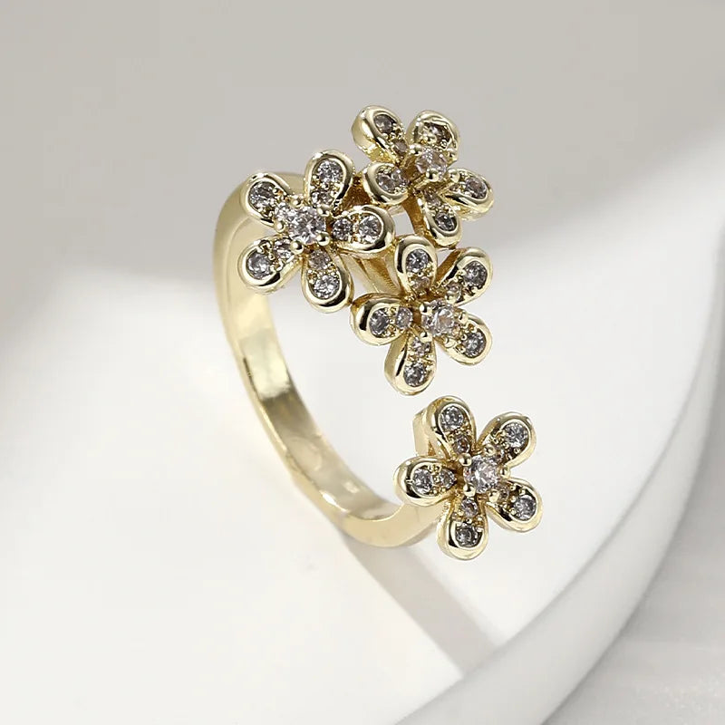 925 Sterling Silver 18k Gold Plated White Zircon Three Sunflower Ring Fine Jewelry