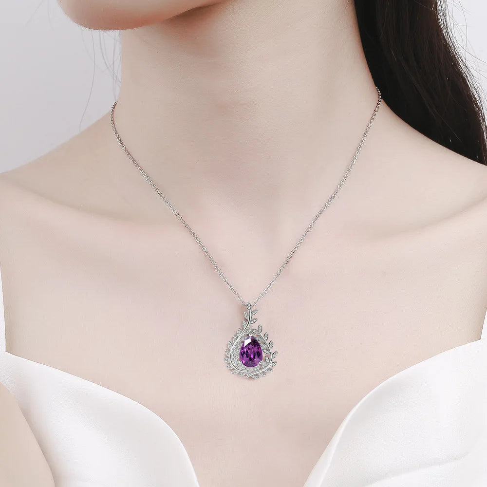 Pure 925 Sterling Silver Purple Zircon Pendant Necklace Premium Leaf Design Elegant Clavicle Chain