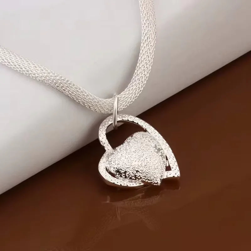 925 Sterling Silver Gorgeous Heart Charm Love Necklace Jewelry