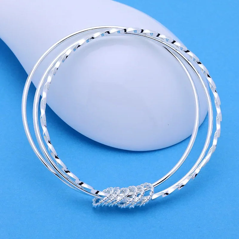 Pure 925 Sterling Silver Fine Three Circles Bangle Bracelet Jewelry