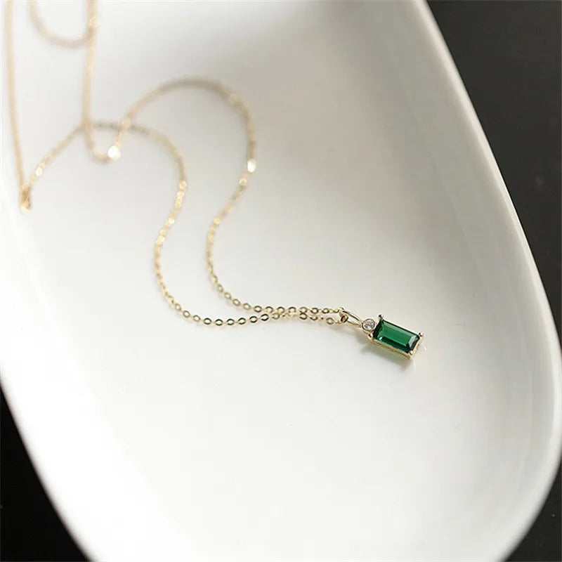 925 Sterling Silver 18k Gold Plated European Simple Square Emerald Zircon Crystal Pendant Clavicle Chain Necklace