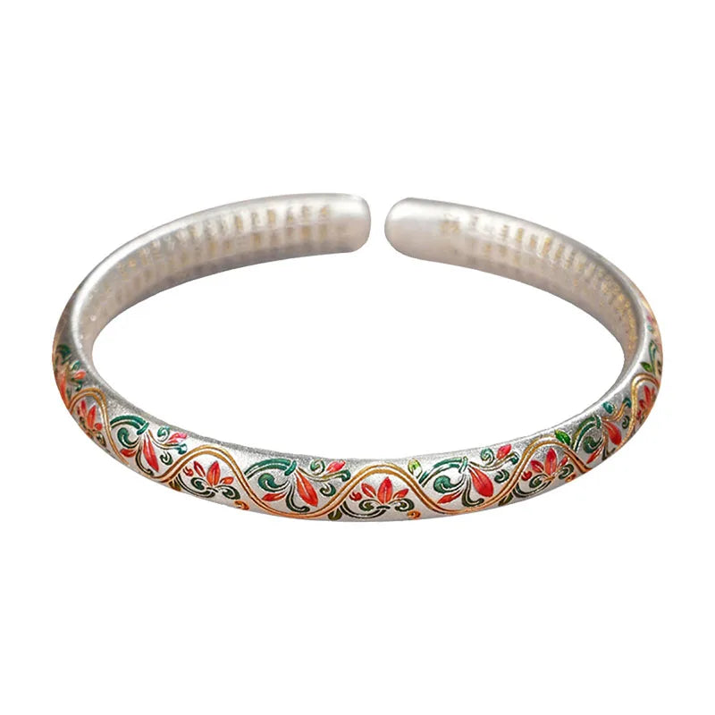Sterling Silver 925 Flower Charm Cuff Bangle Bracelet Exquisite Jewelry