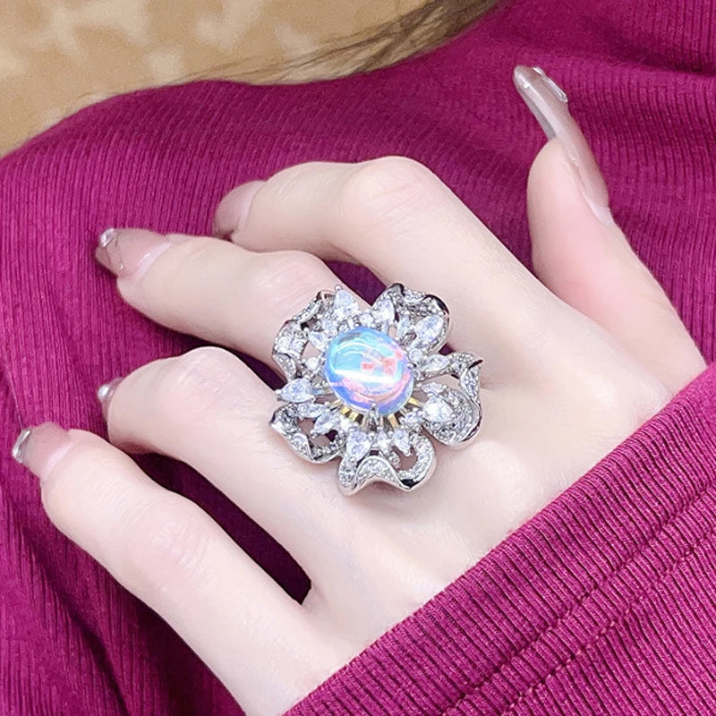 Solid 925 Sterling Silver Luxury Moonstone Opal Zircon Big Flower Open Ring Fine Jewelry