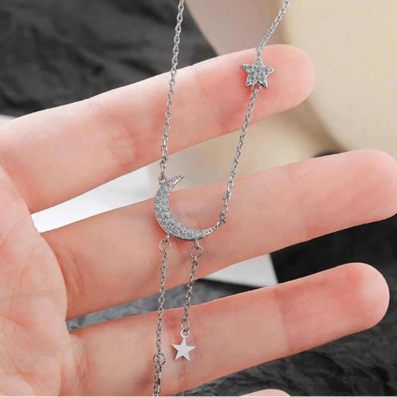 925 Sterling Silver Star Moon Necklace Tassel Collarbone Chain Sparkling AAA Zircon Pendant Fine Jewelry
