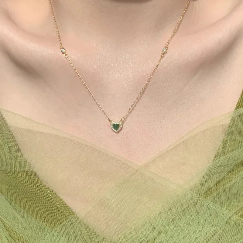 925 Sterling Silver 18k Gold Plated Emerald Zircon Love Necklace French Vintage Collar Chain Luxury Jewelry