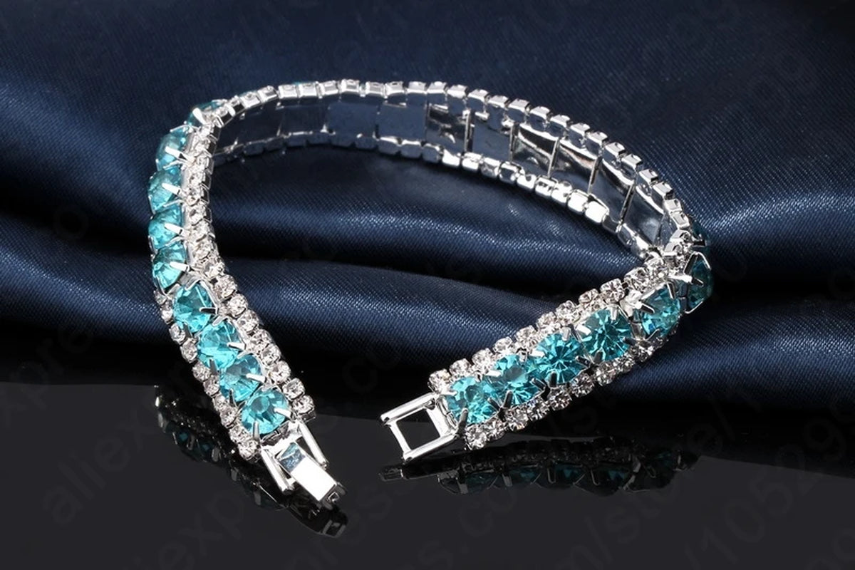  925 Sterling Silver Bohemian Blue Rhinestone Cubic Zircon Bangle Bracelet