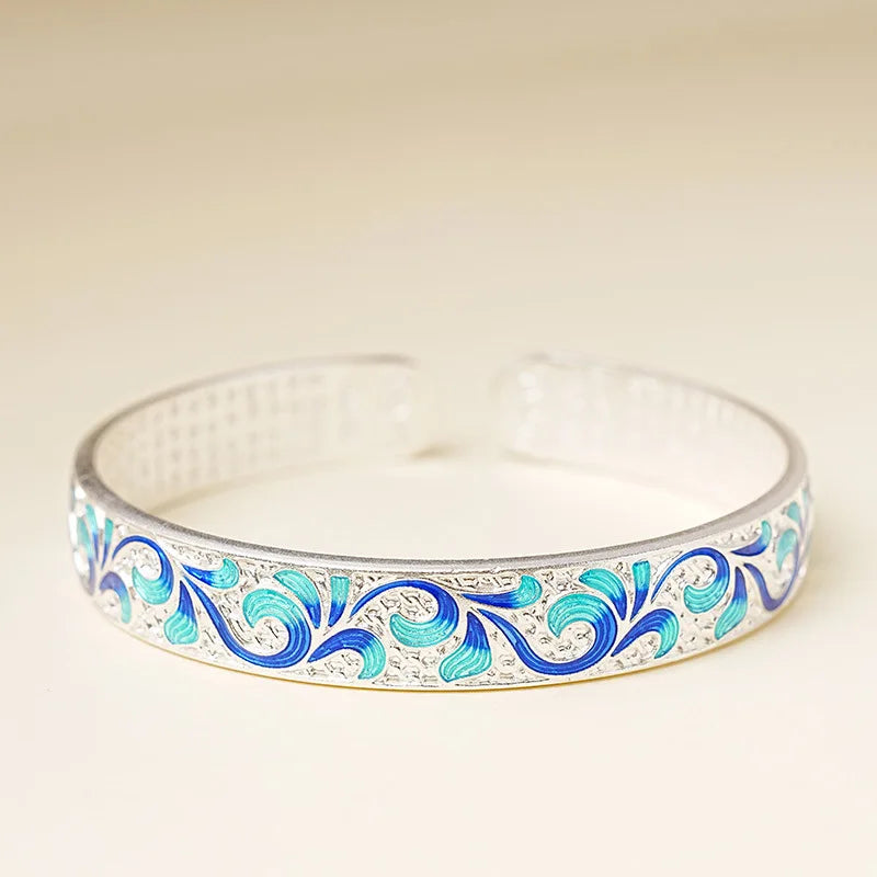 New Sterling Silver 925 Blue Green Enamel Roll Pattern Bangle Cuff Bracelet