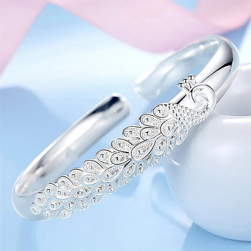 New 925 Sterling Silver Elegant Peacock Opening Bangle Bracelet Jewelry
