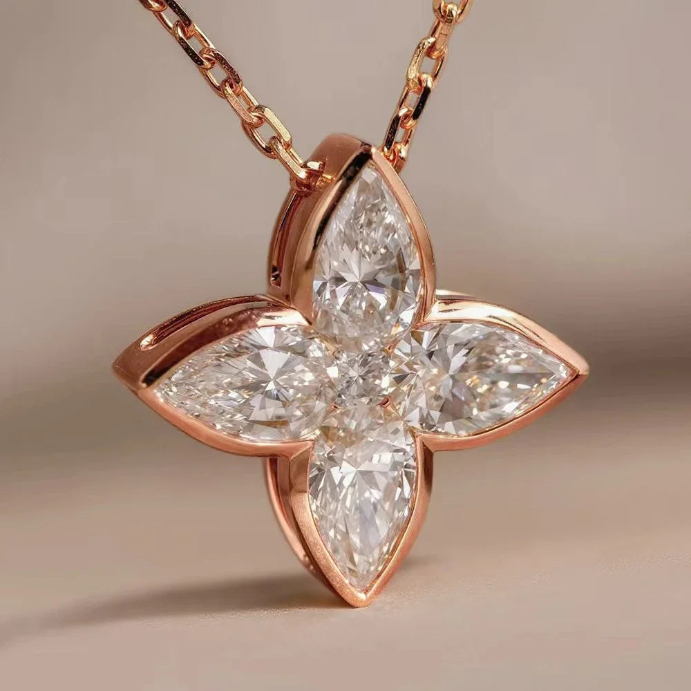 Exquisite S925 Sterling Silver Full Moissanite Pendant Necklace Flower Pear/Round Cut Diamond Neck Chain Jewelry