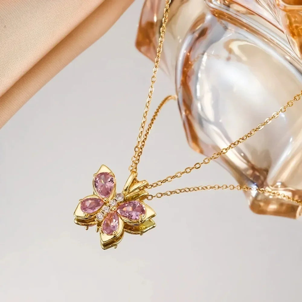 Stainless Steel Pink Zircon Crystal Pendant Butterfly Necklace Chain Gold Silver Color Necklace Jewelry