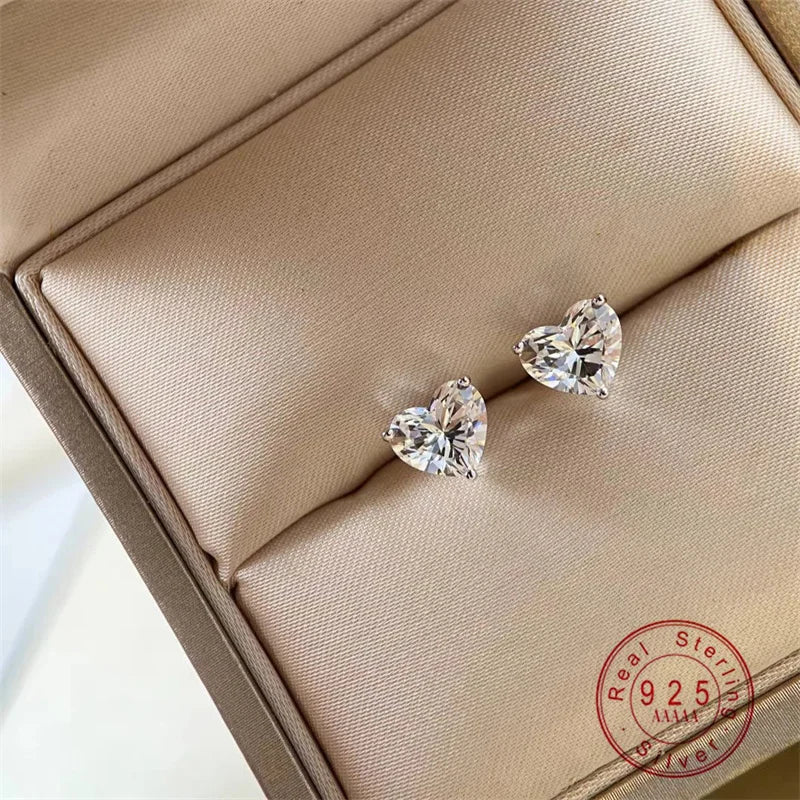 New 925 Sterling Silver Shiny Pure Zirconia Heart Earrings Exquisite Jewelry