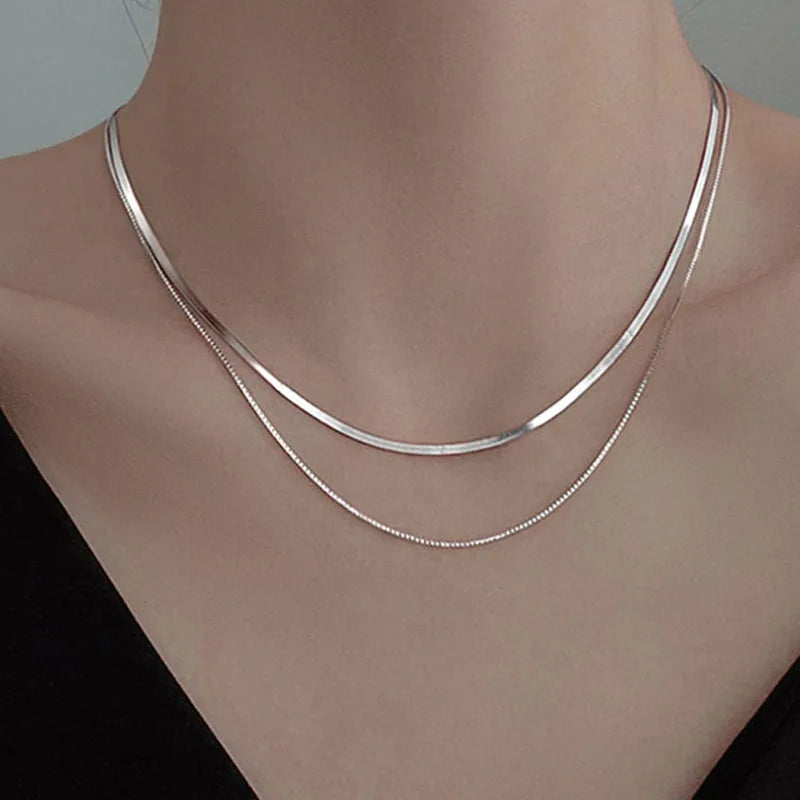 Fine 925 Silver Double Layer Box Chain Snake Clavicle Chain Necklace Fine Jewelry