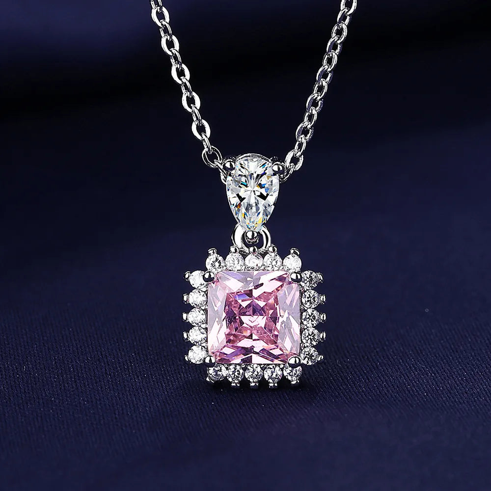 Fine 925 Sterling Silver Necklace Pendant Charm Shining Pink Zircon Jewelry