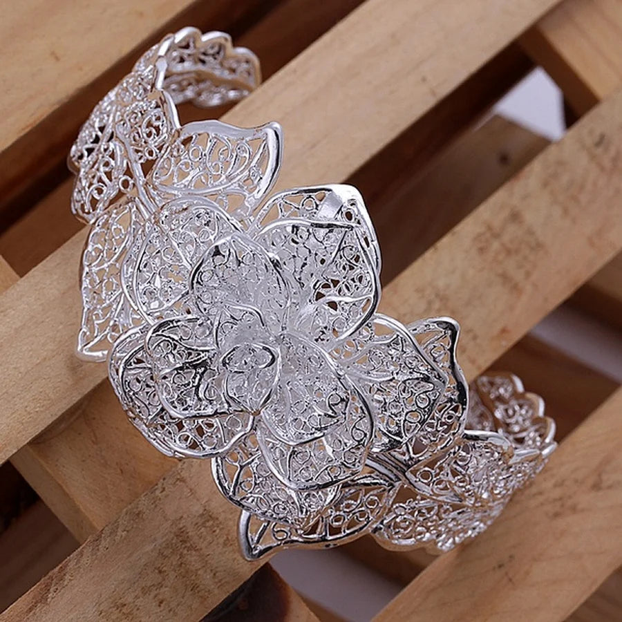 New 925 Sterling Silver Bangle Bracelet Hollow Flowers