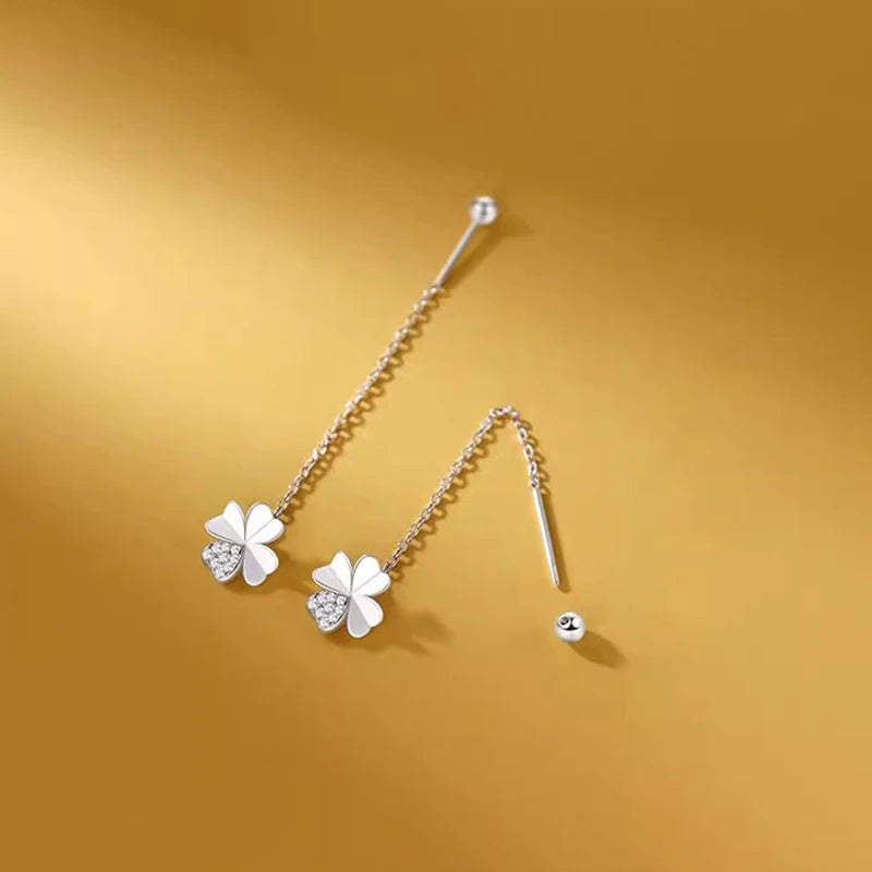 New 925 Sterling Silver Stamp Pure Zircon 4 Leaf Clover Chain Tassel Earrings Fine Jewelry