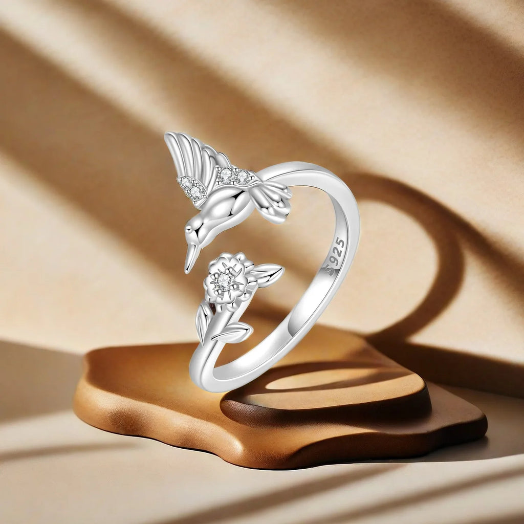 S925 Sterling Silver Humming Bird Flower Adjustable Ring Fine Jewelry