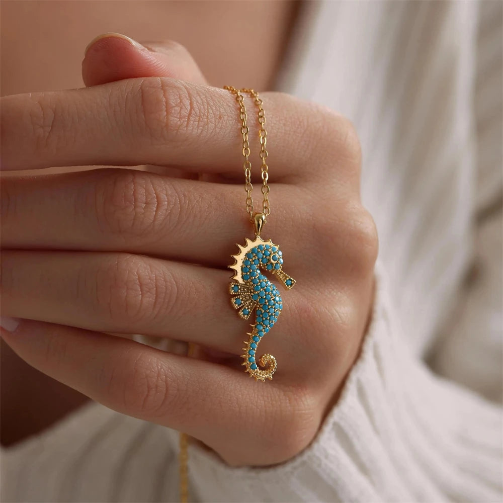 Turquoise Seahorse Pendant Necklace for Women 18K Gold Plated Stainless Steel Ocean Animal Choker Boho Summer Beach Jewelry Gift