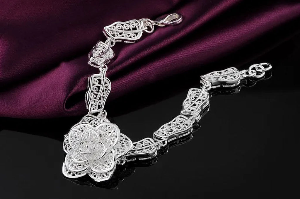 Pure 925 Sterling Silver Bracelet Beautiful Big Flower Fine Luxury Jewelry