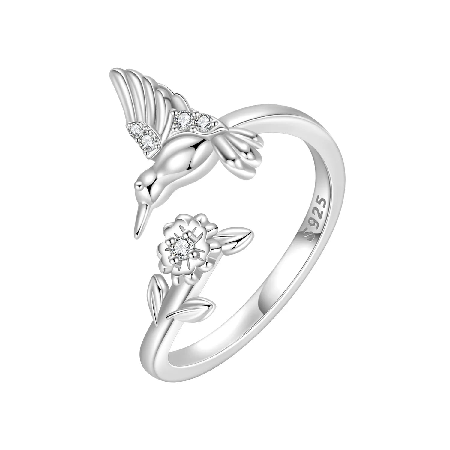 S925 Sterling Silver Humming Bird Flower Adjustable Ring Fine Jewelry