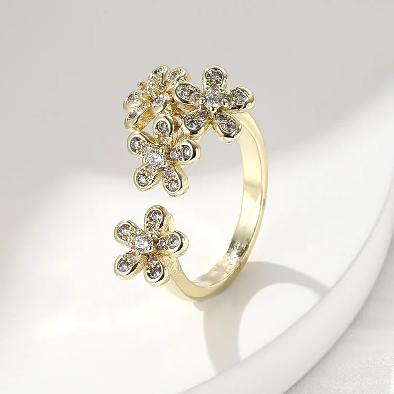 925 Sterling Silver 18k Gold Plated White Zircon Three Sunflower Ring Fine Jewelry