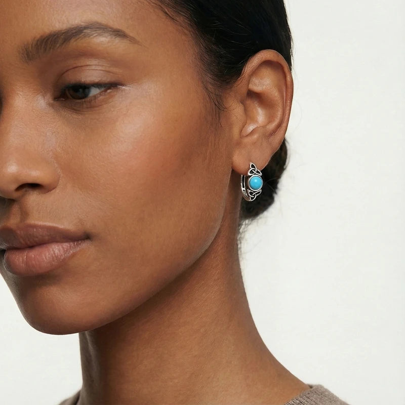 Original 925 Sterling Silver Unique Design Celtic Knot Blue Turquoise Hoop Earrings Fine Jewelry