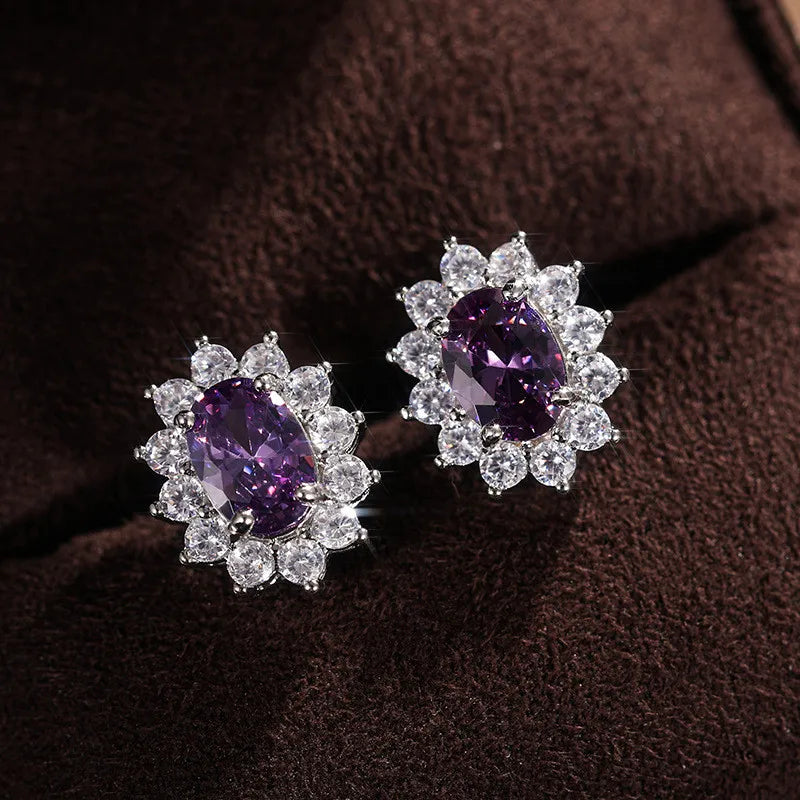 New 925 Sterling Silver Pure Zircon Birthstone Sunflower Shape Stud Earrings Oval Luxury Fine Jewelry