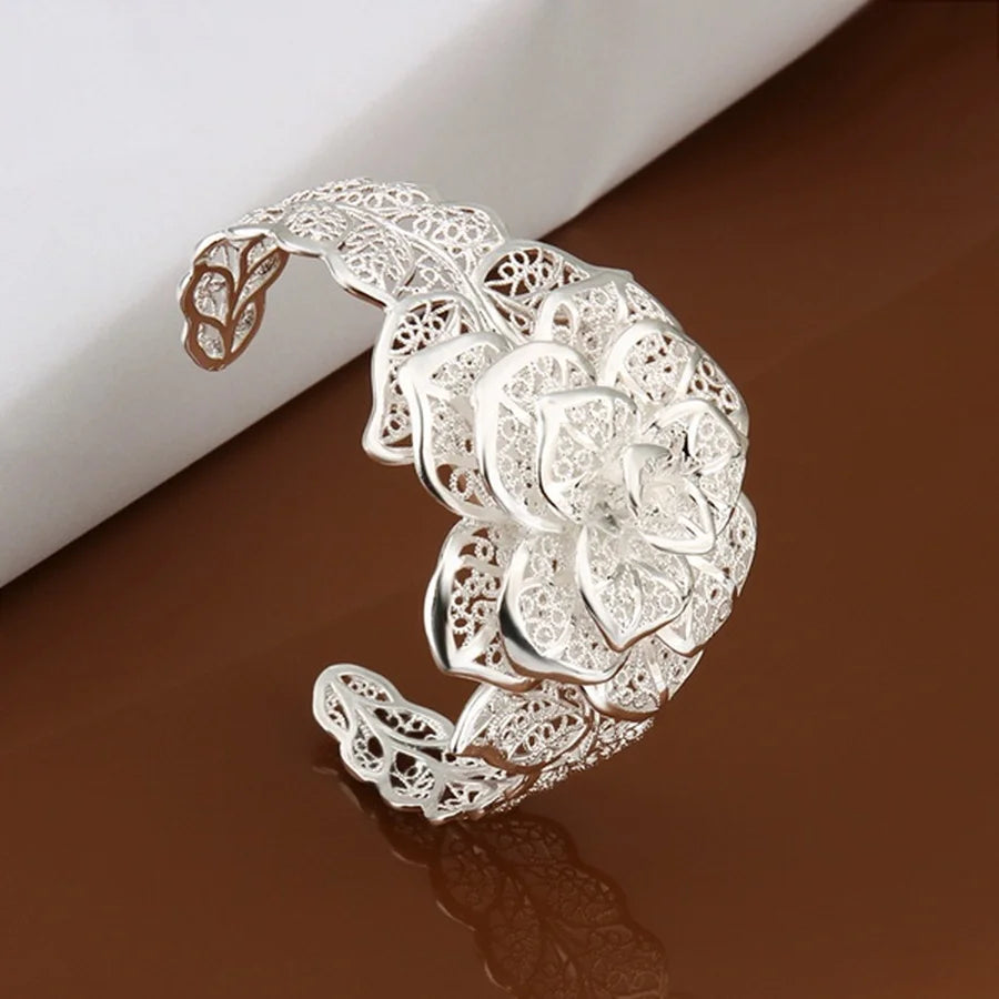 New 925 Sterling Silver Bangle Bracelet Hollow Flowers