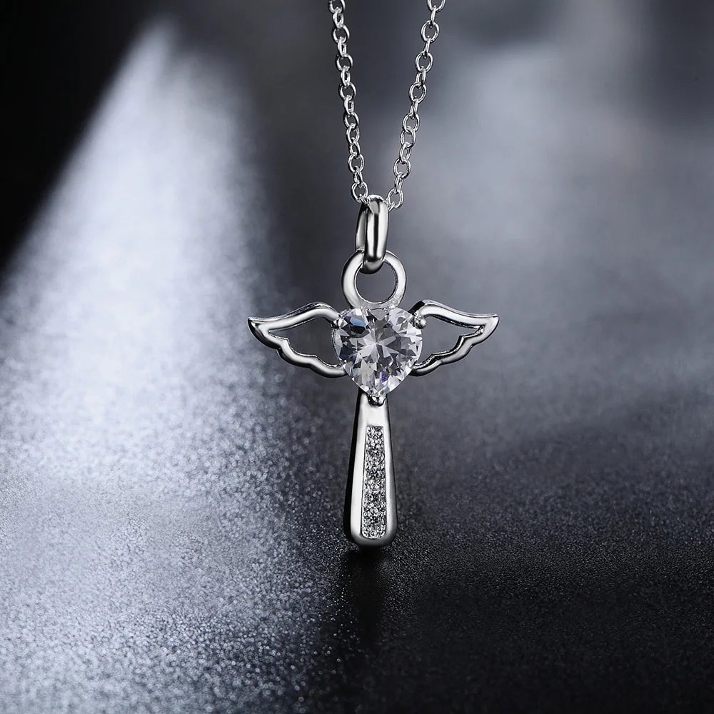 Fine 925 Sterling Silver Angel Noble Crystal Cross Pendants Necklace Jewelry