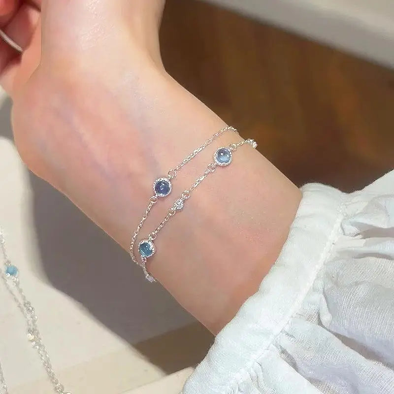 New 925 Sterling Silver Pure Zircon Natural Aquamarine Gemstone Bracelet for Women Fine Jewelry