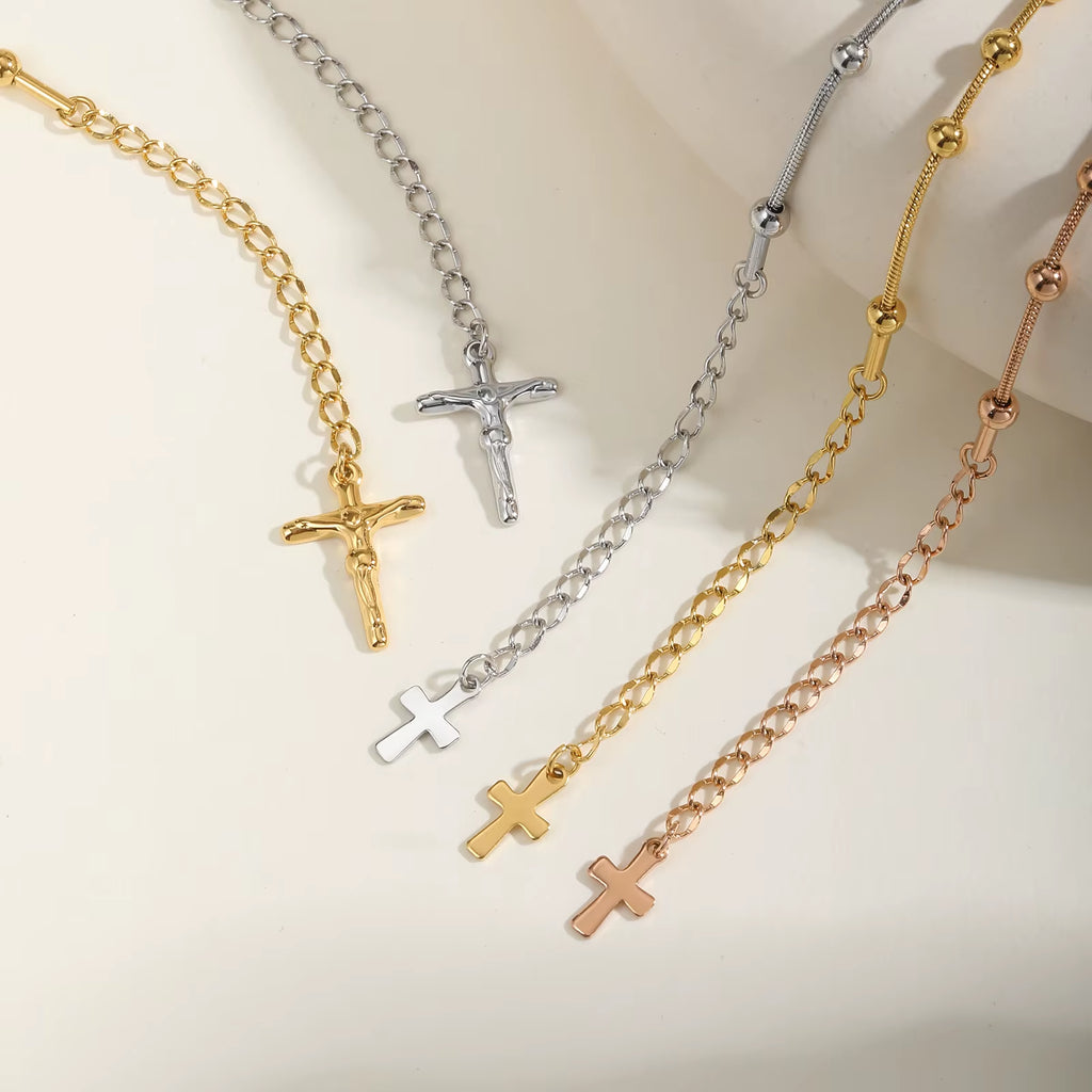 Stainless Steel 18k Gold Plated Rosary Bracelet Religious Cross and Virgin Mary Prayer Bracelet