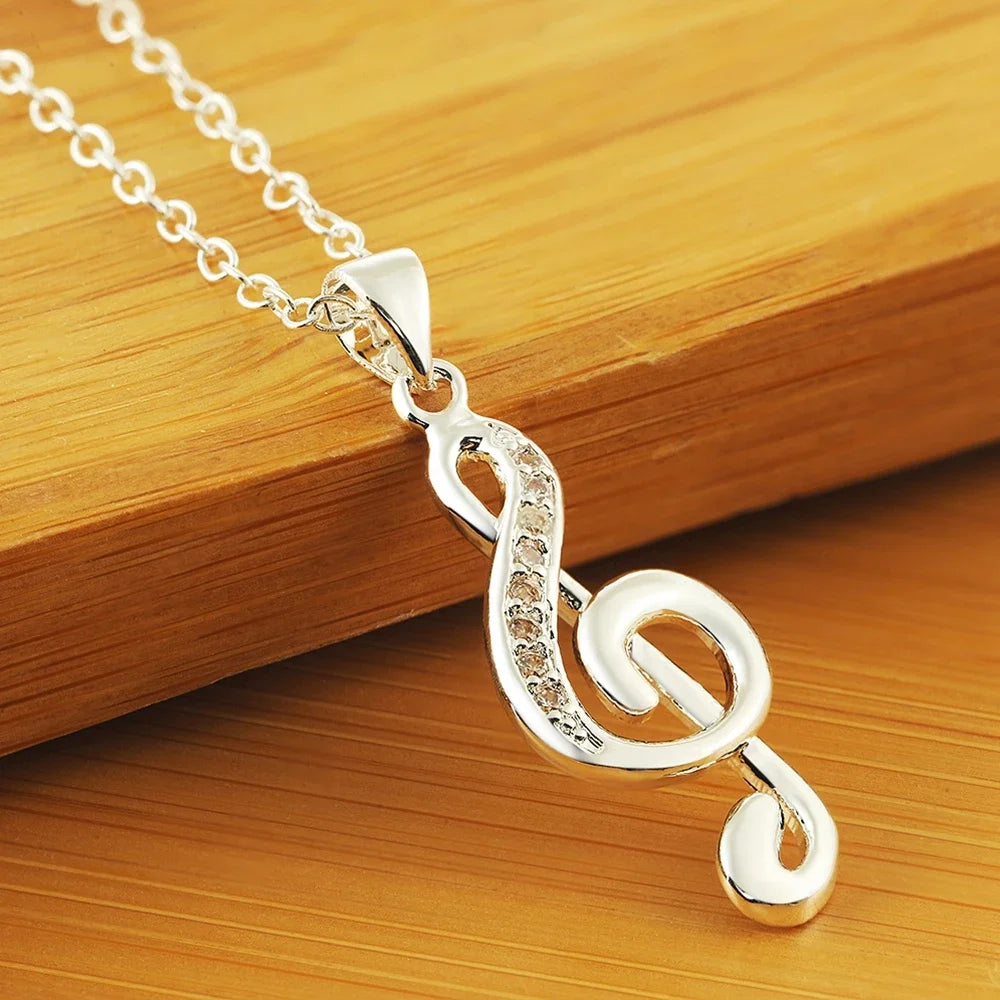 Fine 925 Sterling Silver Crystal Music Note Pendant Necklace Jewelry