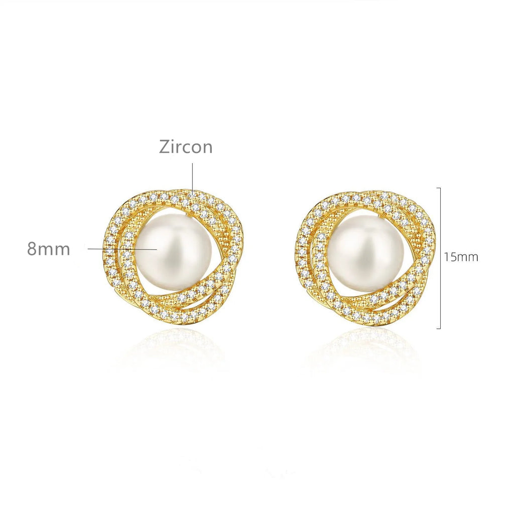New 925 Sterling Silver 18k Gold Plated Freshwater Pearl Pure Zircon Stud Elegant Earrings Fine Jewelry