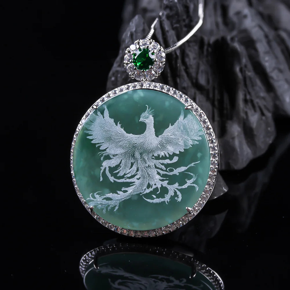 New S925 Sterling Silver Natural Real Emerald Jade Stone-Shadow Carving Phoenix Charm Pendant Jadeite Necklace Fine Jewelry