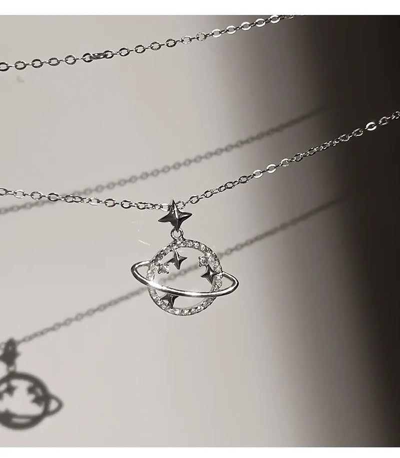 Celestial 925 Sterling Silver Chain Collarbone Necklace Planet Star Zircon Pendant Chain