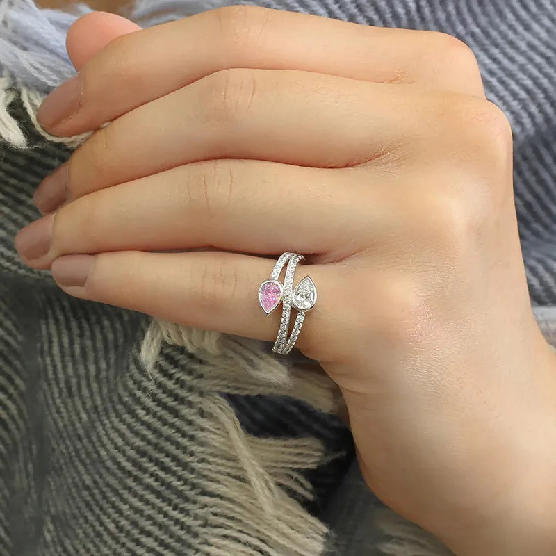 925 Sterling Silver Exquisite Waterdrop Pink/White Cubic Zirconia Ring Luxury Jewelry