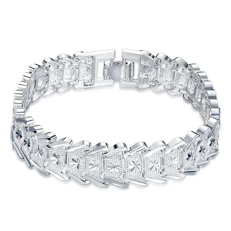 New 925 Sterling Silver Wide Wristband Bracelet Chain Fine Jewelry