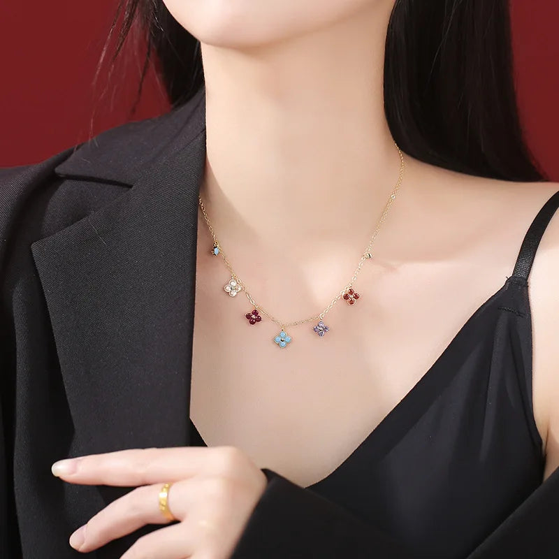 925 Sterling Silver Colorful AAA CZ Gold Color Clover Necklace Elegant Pendant Jewelry for Women Valentine'S Day Gift