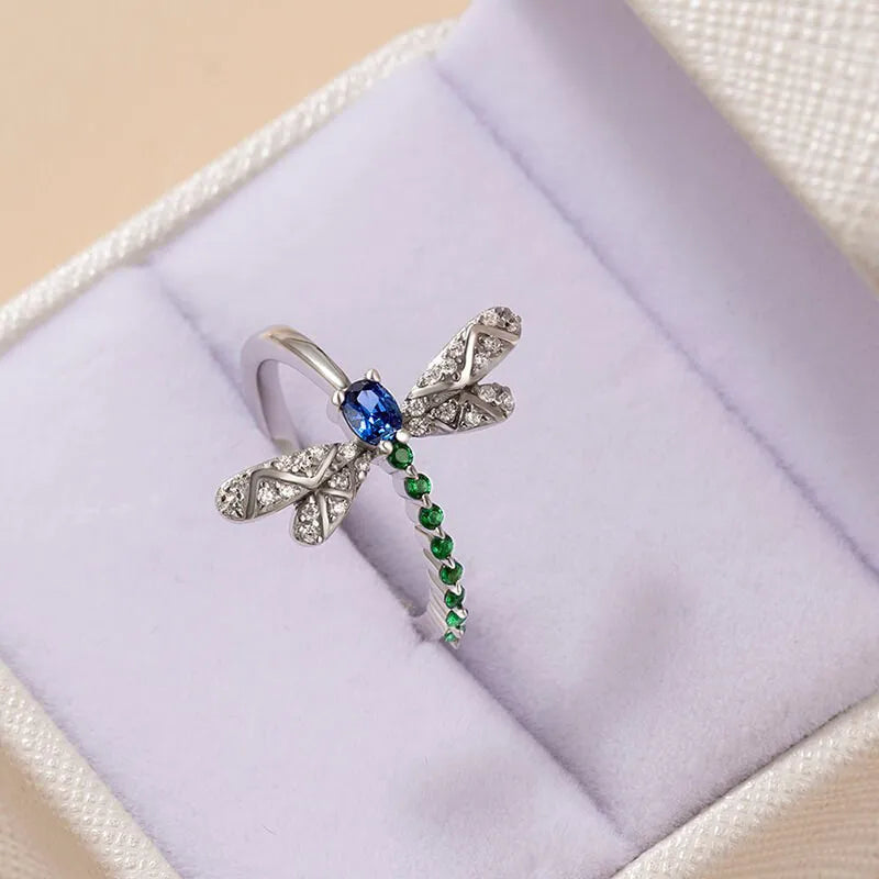 925 Sterling Silver Dragonfly Ring Blue Green Real CZ Stones Fine Jewelry