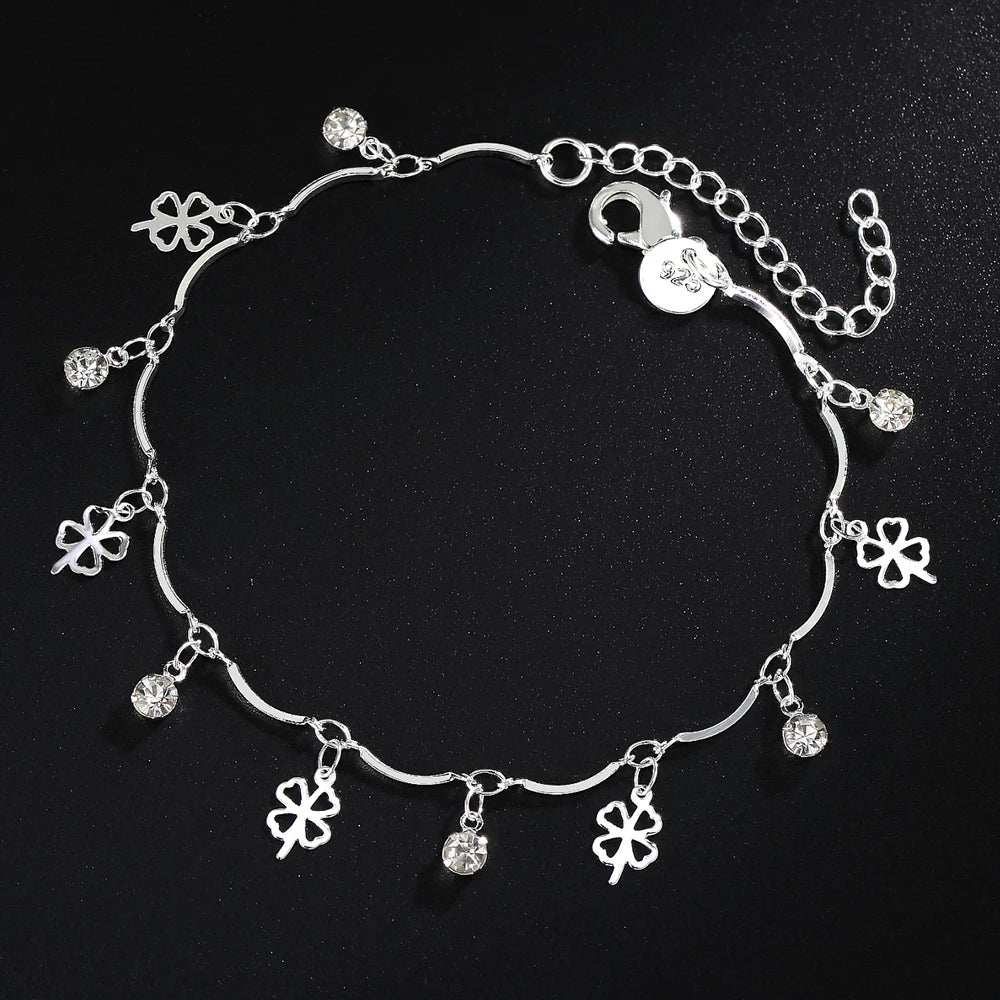 New 925 Sterling Silver Lucky 4 Leaf Clover Pure Zircon Chain Bracelet Fine Jewelry
