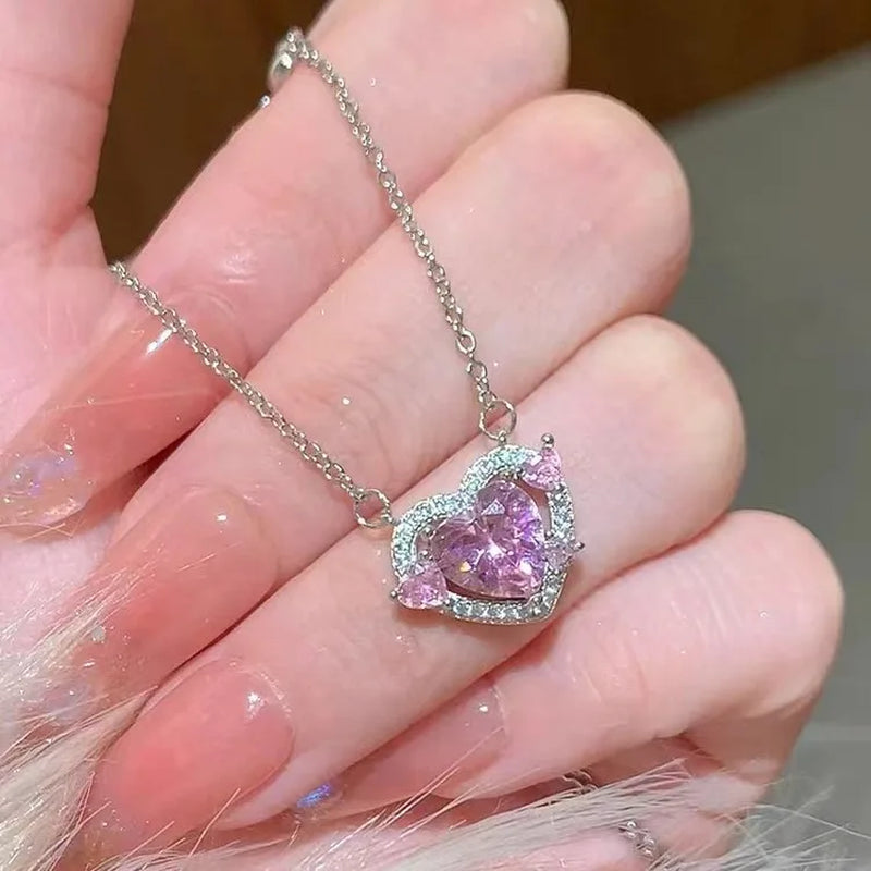 925 Sterling Silver Pink Zircon Crystal Heart Pendant Necklace