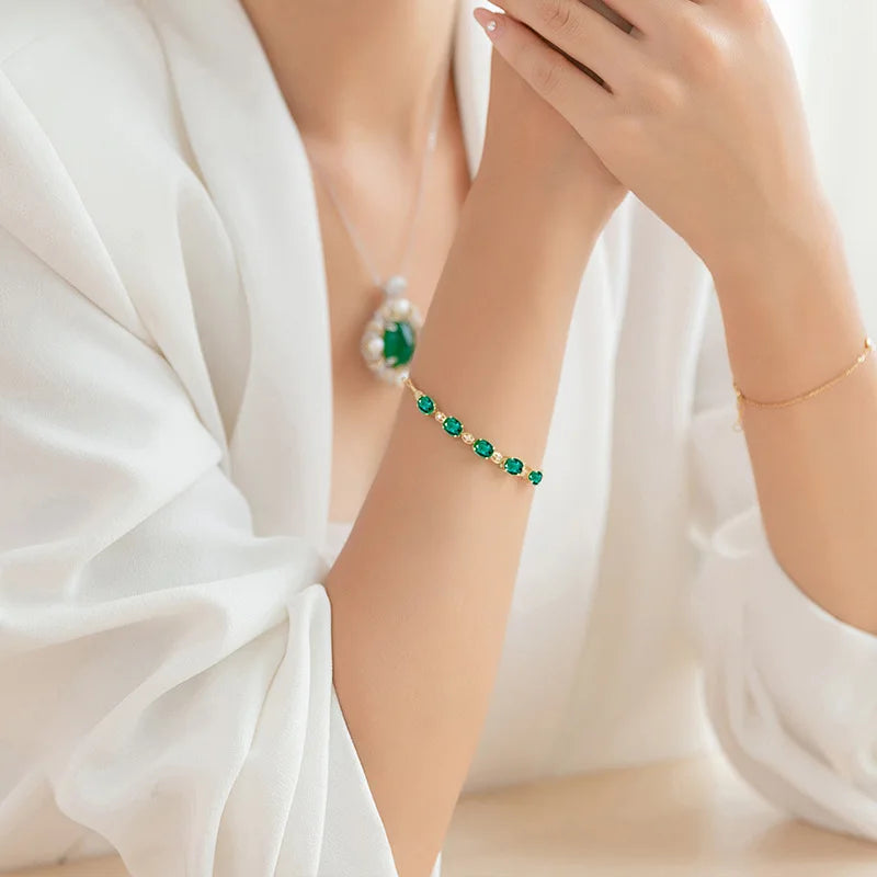 Vintage 925 Sterling Silver 18K Gold-Plated Emerald Bracelet Gemstone Bracelet Fashion Jewelry