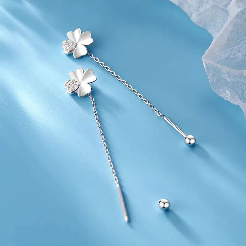 New 925 Sterling Silver Stamp Pure Zircon 4 Leaf Clover Chain Tassel Earrings Fine Jewelry