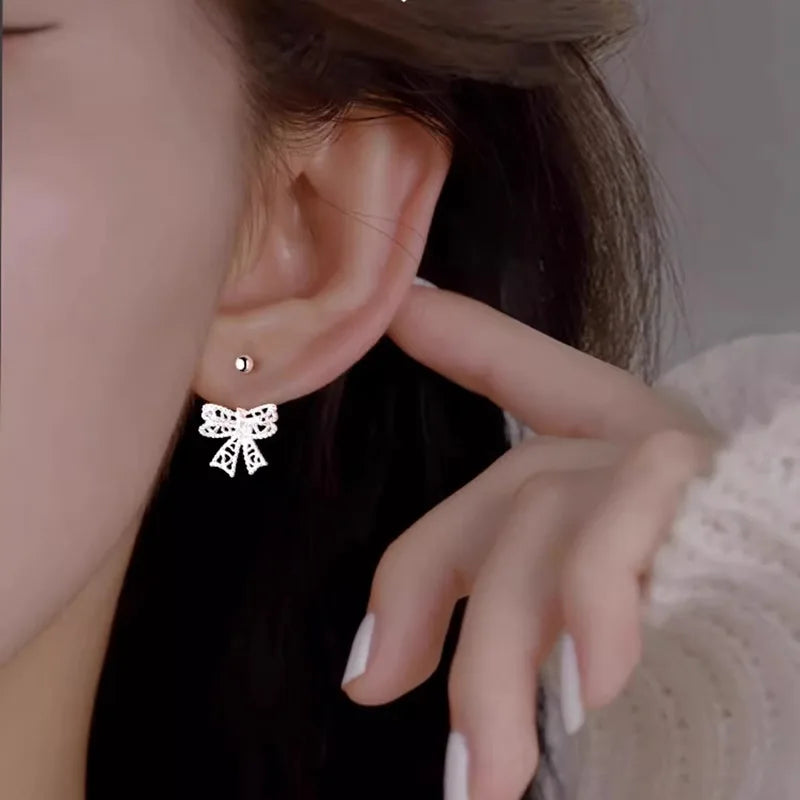 Real 925 Sterling Silver Bow Screw Buckle Puncture Stud Earrings Fine Jewelry Minimalist