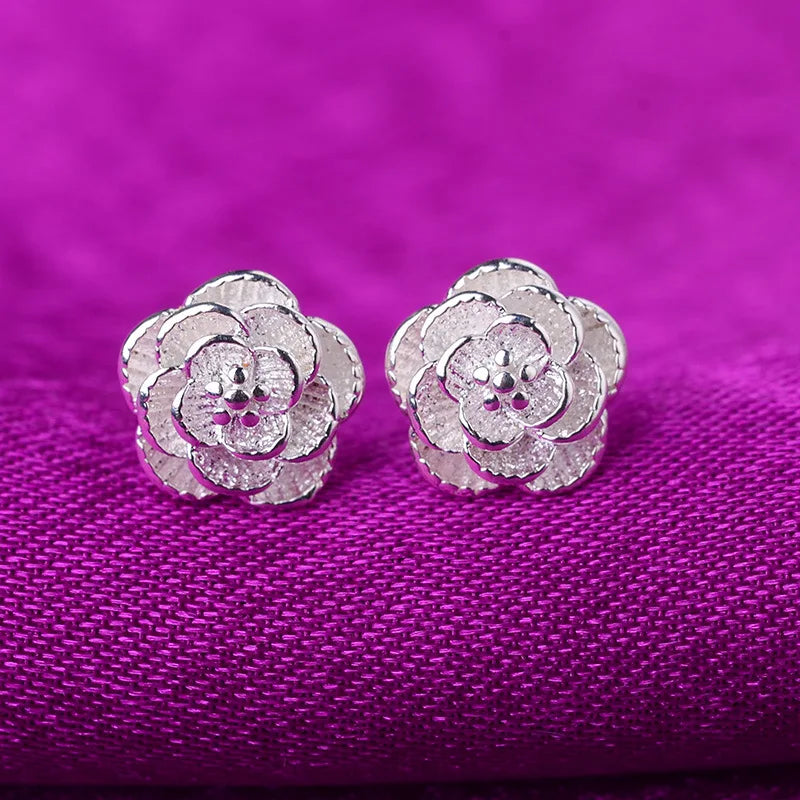New 925 Sterling Silver Rose Flower Stud Earrings Fine Jewelry