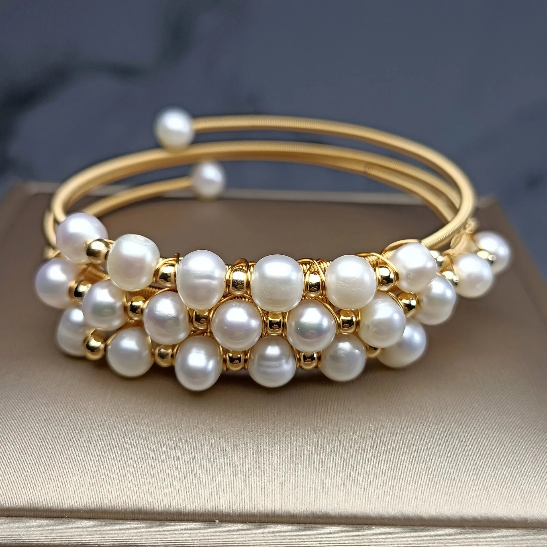High Quality 100% Natural Freshwater Pearl 14K Gold Filled Three Layers Bangle Bracelet