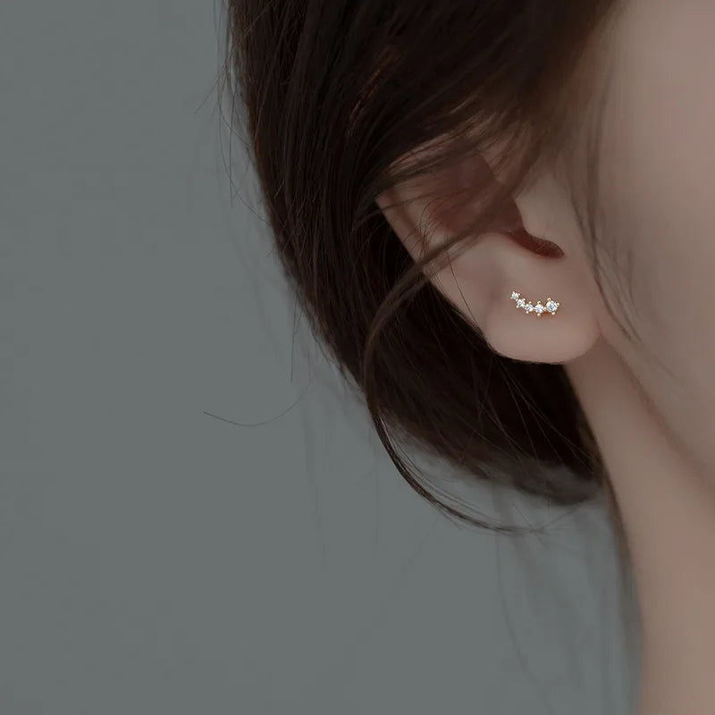 Real 925 Sterling Silver 18k Gold Plated Real Zircon Arc Stud Earrings for Fashion Fine Jewelry Minimalist