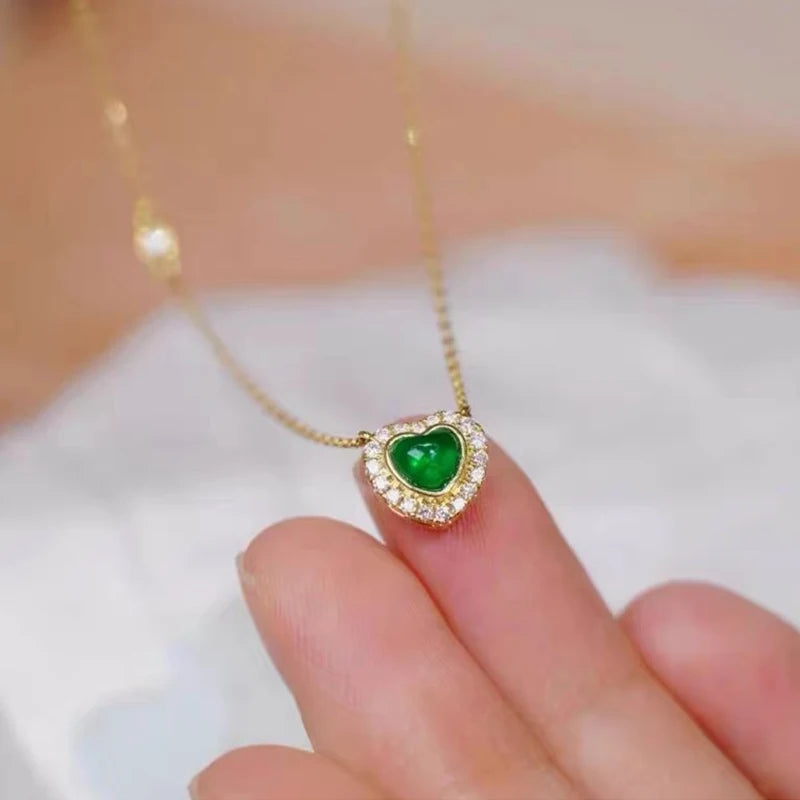 925 Sterling Silver 18k Gold Plated Emerald Zircon Love Necklace French Vintage Collar Chain Luxury Jewelry